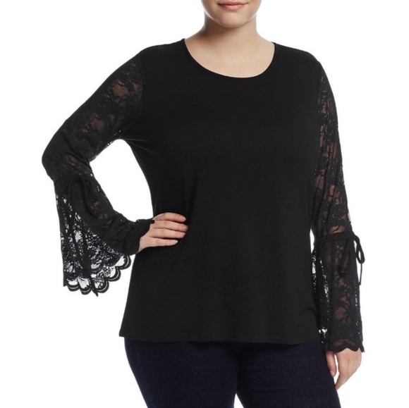 Vince Camuto Black Lace Bell Sleeve Blouse Keyhole Button Back Size Medium - Picture 16 of 16